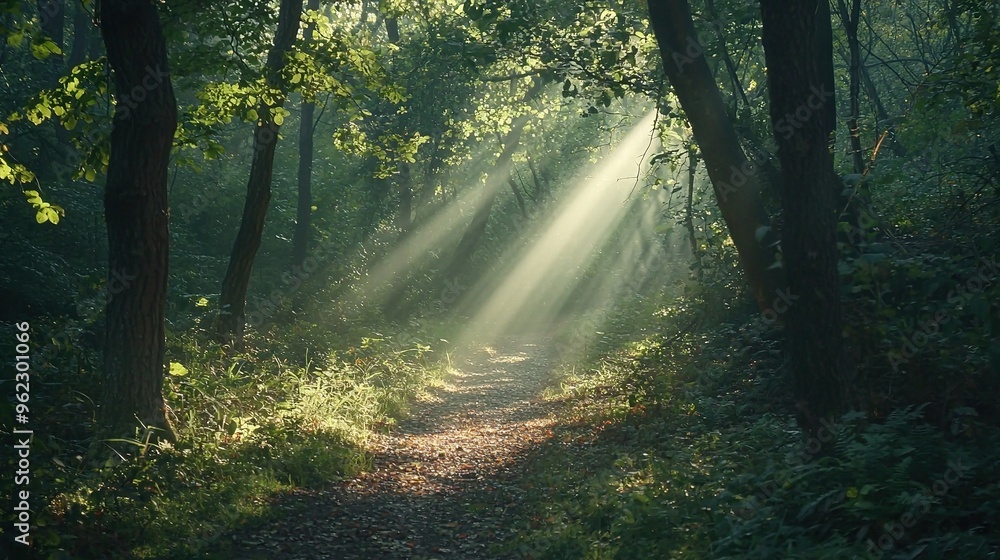 Obraz premium A path in the forest with sunlight filtering through the tree canopy on both sides