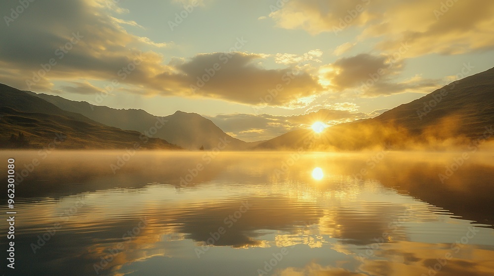 Fototapeta premium Water with mountains behind, sun set in middle, cloudy sky