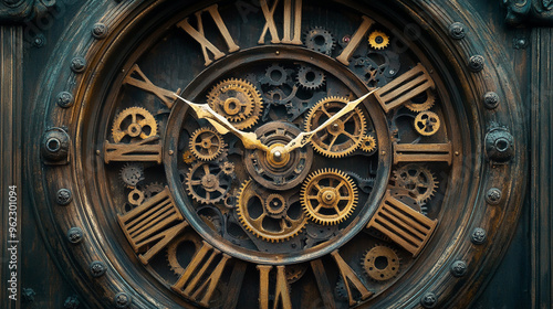 Intricate vintage clock mechanism showcasing brass gears and Roman numerals in a close-up view in natural light