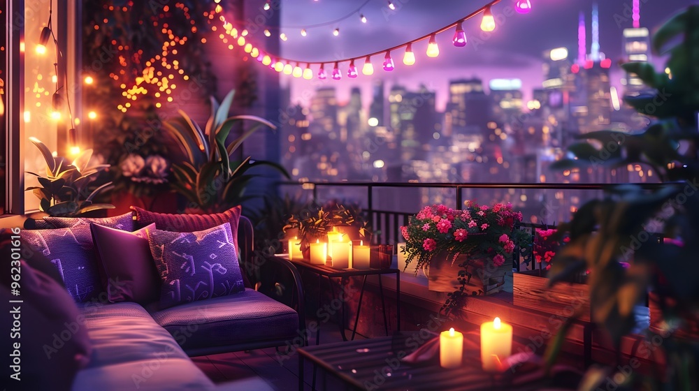Obraz premium Cozy Balcony Evening Lights Plants City View Comfortable Atmosphere Relaxing Space Romantic Ambiance. AI Generated