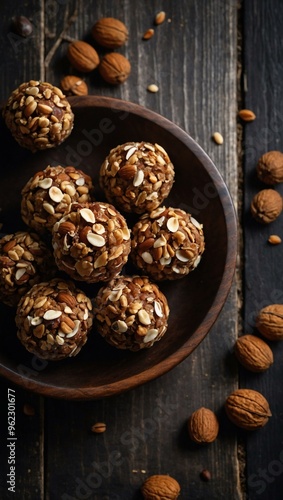 A top-down view of nut balls dessert on a dark wooden table, perfect for a delightful coffee break with ample space for text.