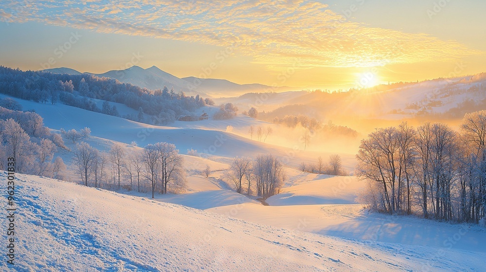 A winter wonderland, blanketed in snow, features towering trees and majestic mountains against a backdrop of clear blue skies The golden sun ascends, casting warm rays A winter wonderland, blanketed in snow, features towering trees and majestic mountains against a backdrop of clear blue skies The golden sun ascends, casting warm rays