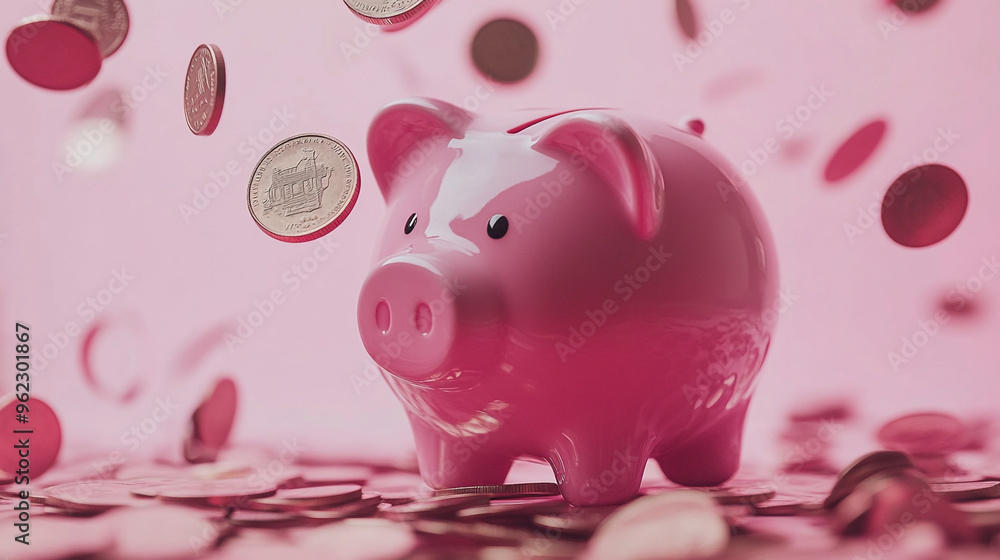 A cheerful pink piggy bank surrounded by falling coins on a bright pink background, symbolizing saving and financial growth A cheerful pink piggy bank surrounded by falling coins on a bright pink background, symbolizing saving and financial growth