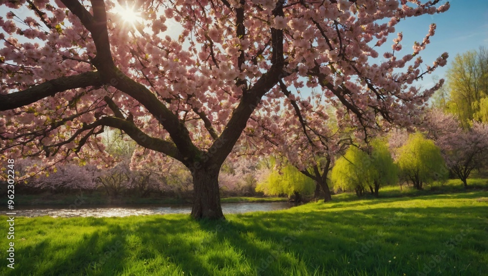 A vibrant spring scene with blossoming trees, offering space for text or design. A vibrant spring scene with blossoming trees, offering space for text or design.