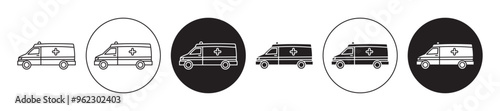 Ambulance vector icon set black filled and outlined style.