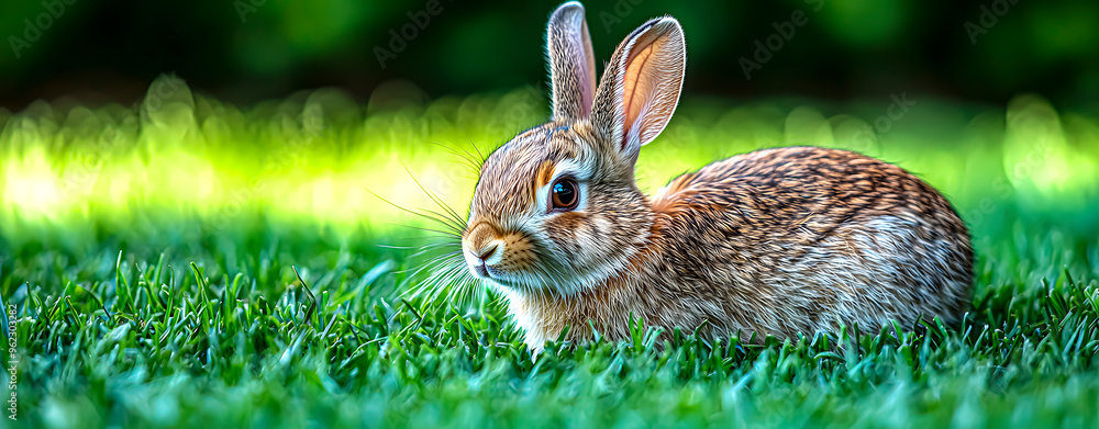 Obraz premium A common rabbit on the grass. Space for text.