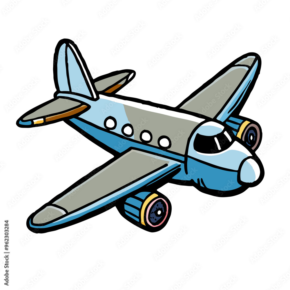 Naklejka premium Illustration of a cartoonish blue airplane with twin engines