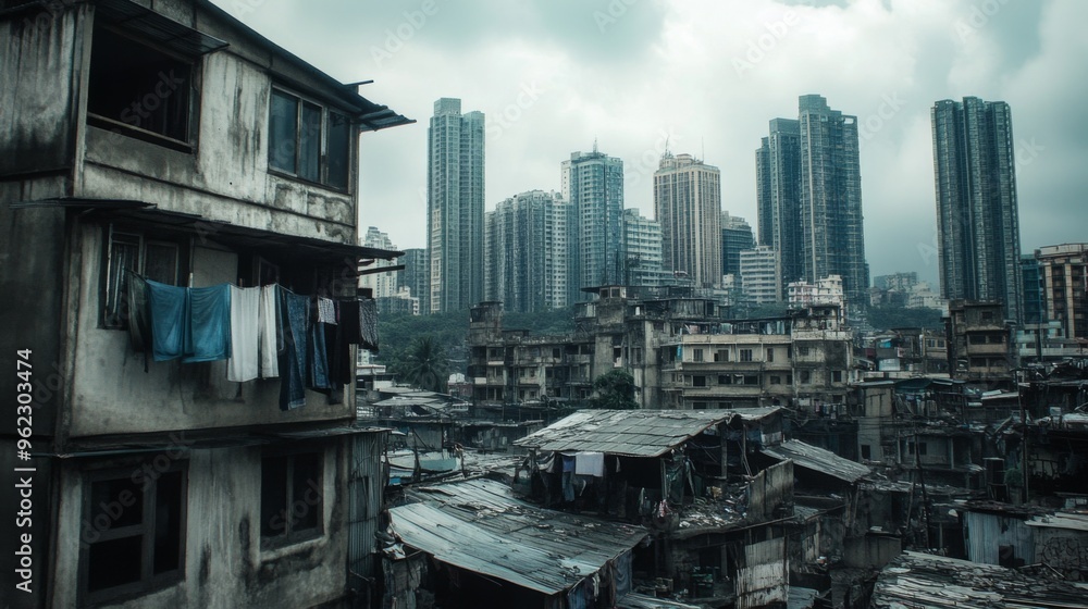 Obraz premium Urban Contrast: Slum and Cityscape