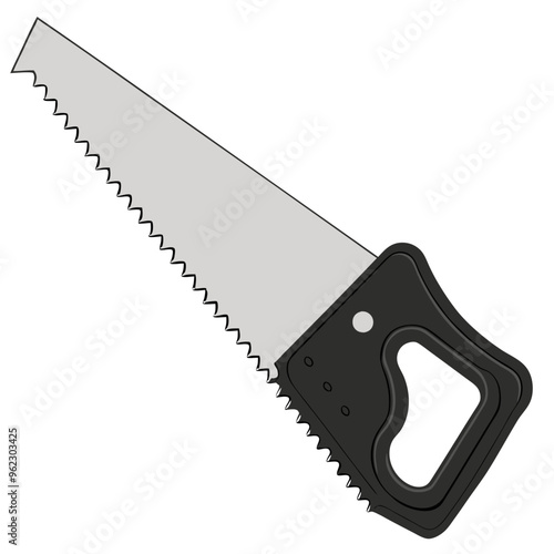A hand saw with a gray blade and black handle on a white background
