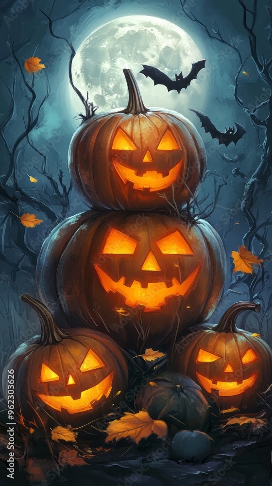 Halloween background with Moon and pumpkins in dark night, illustration. Halloween background with Moon and pumpkins in dark night, illustration.