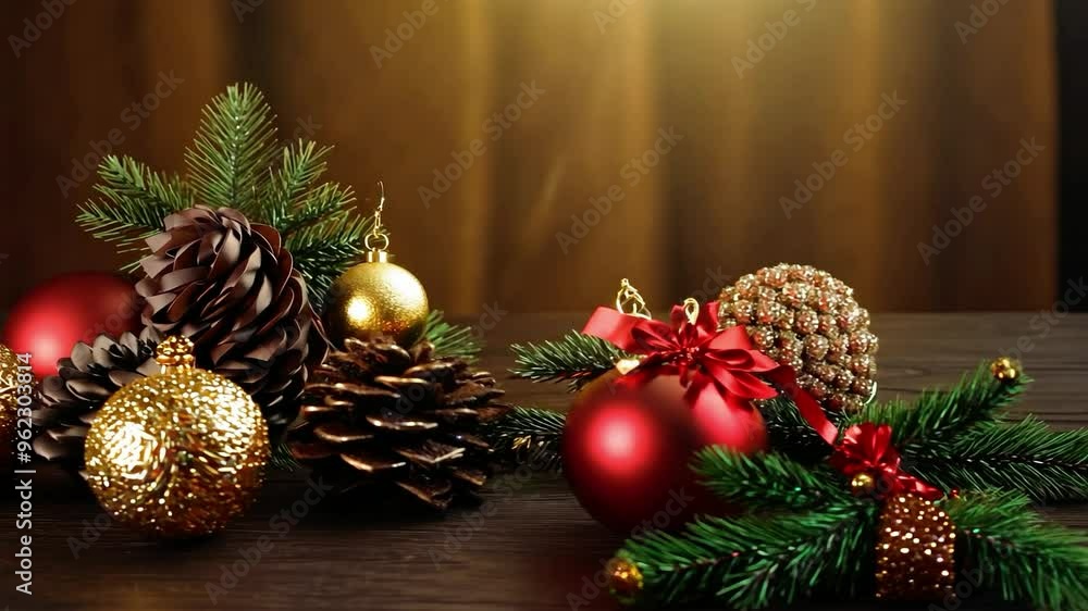 Festive holiday decorations with pine cones, ornaments, and greenery on a wooden table at Christmas time Festive holiday decorations with pine cones, ornaments, and greenery on a wooden table at Christmas time