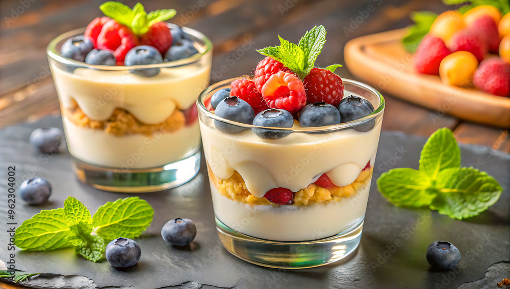 The glass cups filled with a layered dessert consists of white yogurt, small white cottage cheese curds ,and fresh blueberries, topped with mint leaves.