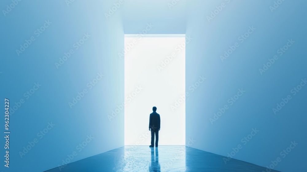 A lone figure stands silhouetted against a bright light at the end of a minimalist corridor. The scene is bathed in cool blue tones, evoking a sense of mystery, contemplation, and new beginnings. A lone figure stands silhouetted against a bright light at the end of a minimalist corridor. The scene is bathed in cool blue tones, evoking a sense of mystery, contemplation, and new beginnings.