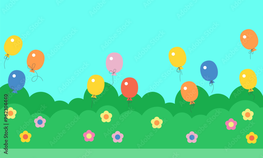 Flowers, green grass, sky and balloons. Positive background for children. Cute design with summer vibe. Landscape with balloons in the sky. Cheerful atmosphere. Positive background for kids, children Flowers, green grass, sky and balloons. Positive background for children. Cute design with summer vibe. Landscape with balloons in the sky. Cheerful atmosphere. Positive background for kids, children