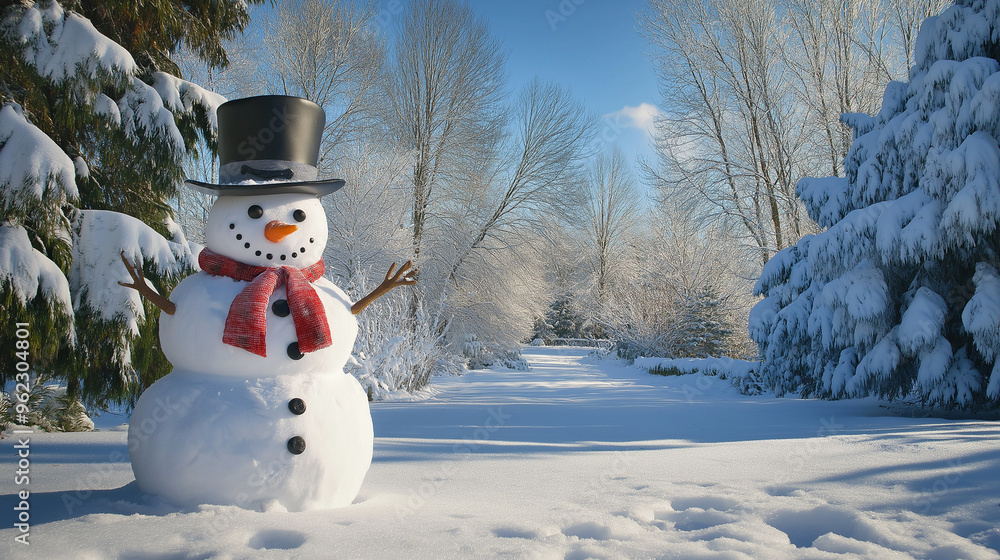 Obraz premium A classic snowman with a black top hat and red scarf standing in a picturesque snowy landscape with tall trees under the winter sun