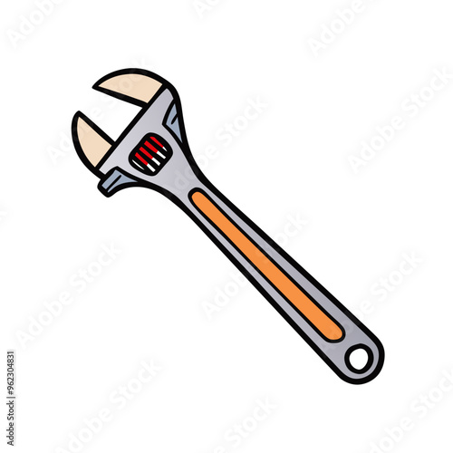 Cartoon illustration of an adjustable wrench with a silver head and brown handle.