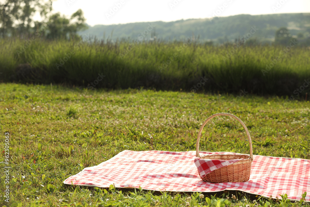 Picnic wicker basket with napkin and red checkered blanket on green grass outdoors Picnic wicker basket with napkin and red checkered blanket on green grass outdoors