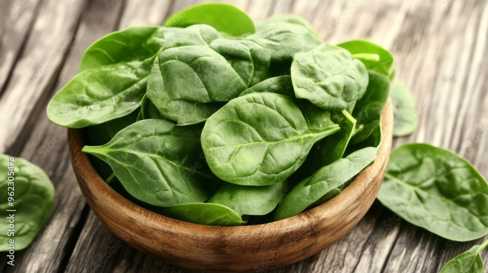 Fresh Spinach Leaves in Wooden Bowl Fresh Spinach Leaves in Wooden Bowl