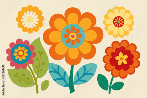 Collection of simple blooming flowers in 1970s psychedelic hippie style. Set of graphic stickers in retro design. groovy background. editable stroke isolated vector illustration Pro illustration