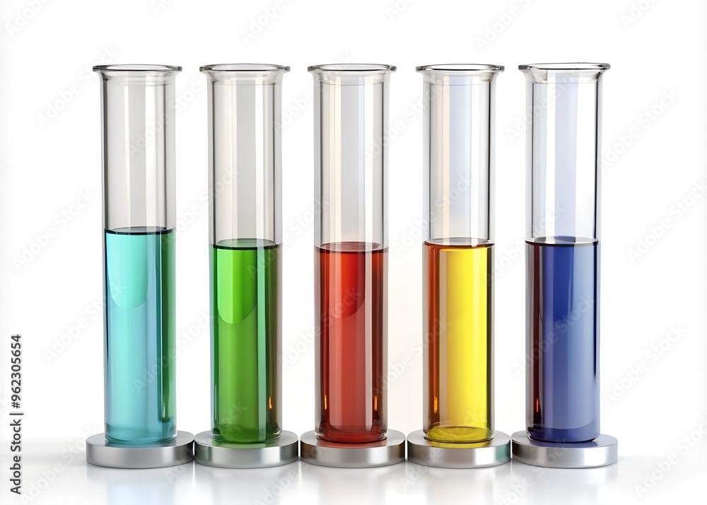 Five laboratory test tubes filled with vibrant liquids in a stainless steel holder, isolated on a white background. A modern and clean representation of scientific tools and lab equipment. Five laboratory test tubes filled with vibrant liquids in a stainless steel holder, isolated on a white background. A modern and clean representation of scientific tools and lab equipment.