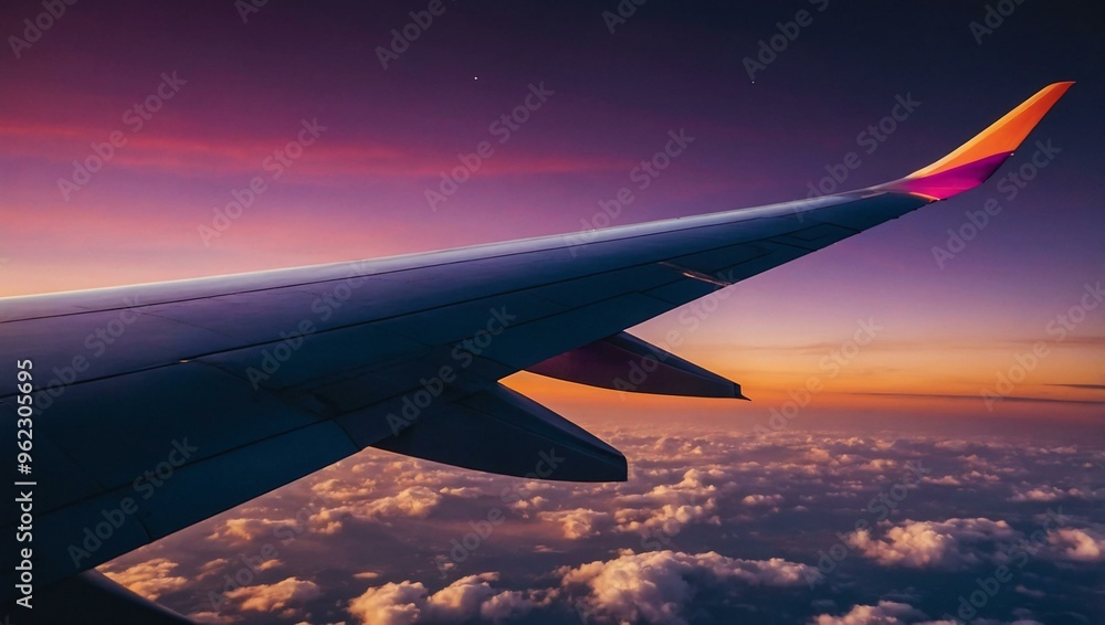 Airplane wing slicing through a vibrant twilight sky, purple and orange hues. Airplane wing slicing through a vibrant twilight sky, purple and orange hues.