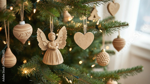 beautifully decorated christmas tree with wooden ornaments, handcrafted angel and heart decorations, adding a rustic touch to the festive holiday decor