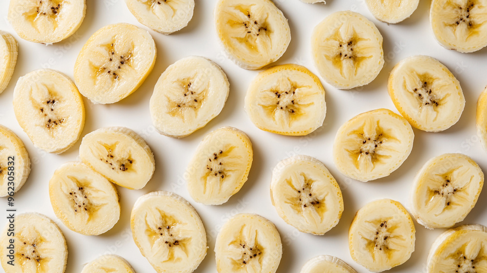 Freshly sliced bananas arranged neatly on a light background, showcasing their vibrant color and texture in a culinary setting Freshly sliced bananas arranged neatly on a light background, showcasing their vibrant color and texture in a culinary setting