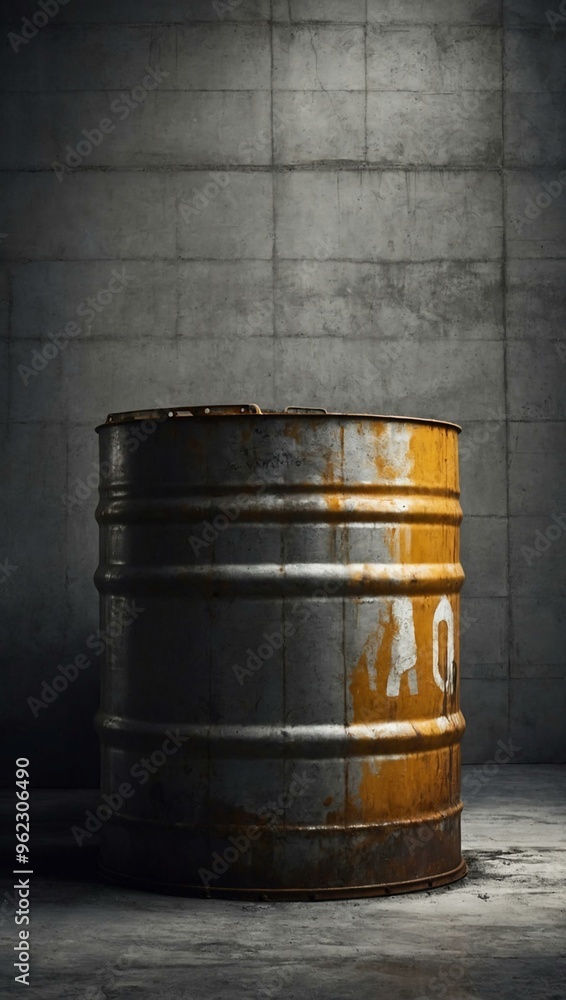 An oil barrel against a plain cement wall, featuring space for text or design. An oil barrel against a plain cement wall, featuring space for text or design.