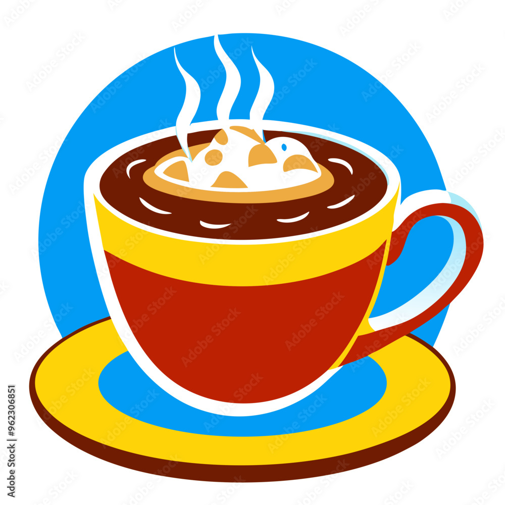 A stylized illustration of a steaming cup of coffee with marshmallows on a blue background