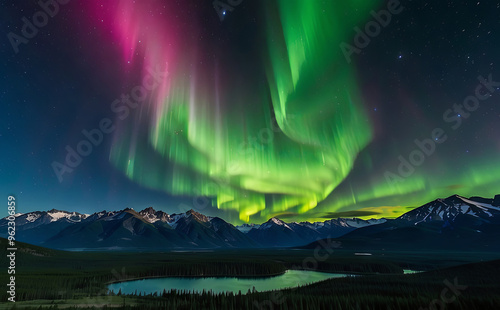 an auroral dreamscape, over a mountain range, otherworldly panorama that enchants the viewers