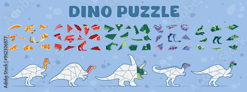 Prehistoric dinosaur animal jigsaw puzzle maze game. Vector educational worksheet and fun activity for kids with scattered dino shapes and pieces ready to be assembled into complete figures