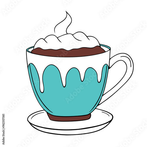 Illustration of a steaming hot cup with blue drip design on a saucer