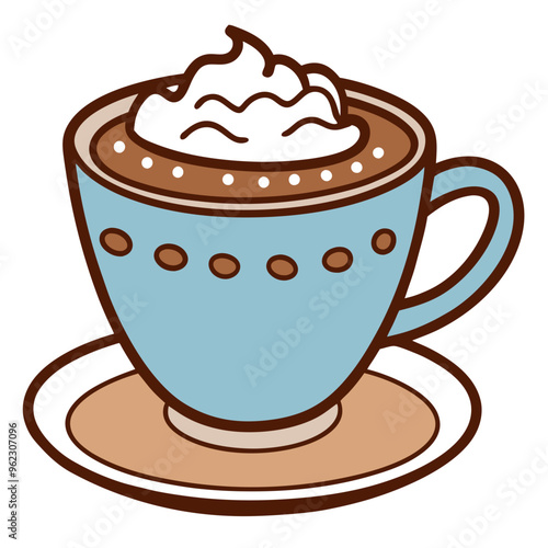 Illustration of a decorated turquoise cup with whipped cream on top, on a saucer