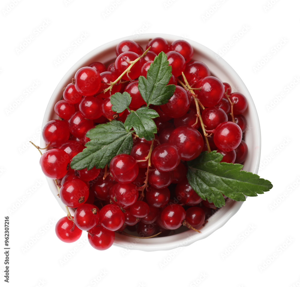 Ripe red currants with green leaves in bowl isolated on white, top view Ripe red currants with green leaves in bowl isolated on white, top view