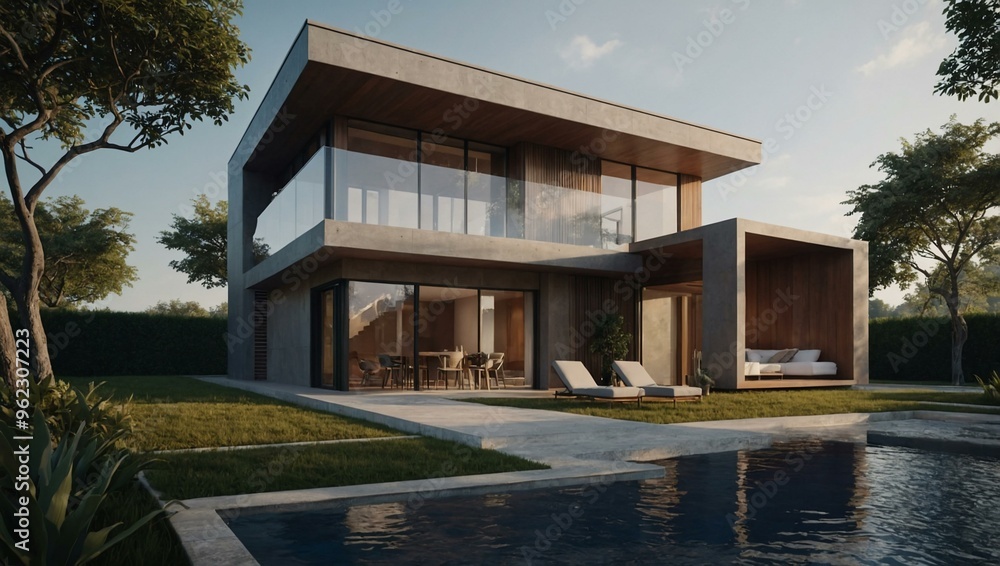 Architectural concept of a house, visualized in D rendering. Architectural concept of a house, visualized in D rendering.