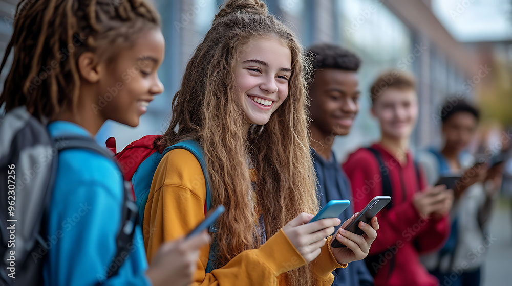 Obraz premium Happy Teenagers Enjoying Their Time Together with Cell Phones in a Fun and Lively Setting