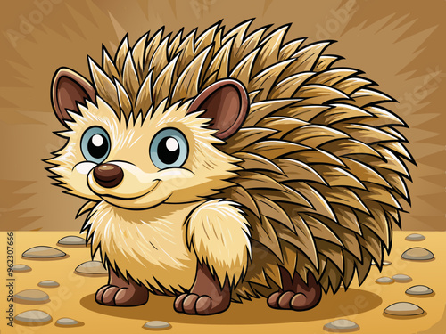 cartoon vector illustration of funny hedgehog, stone field isolated background, countryside farm life