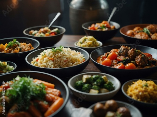 Assorted vegetarian dishes on display, with space for text or design.