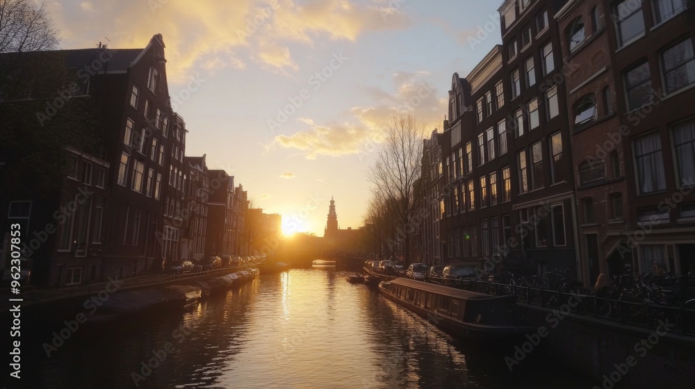 Fototapeta premium Sunset Over Amsterdam Canal