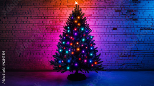black christmas tree with vibrant neon ornaments and glowing lights against an industrial brick wall, setting a trendy and edgy holiday scene