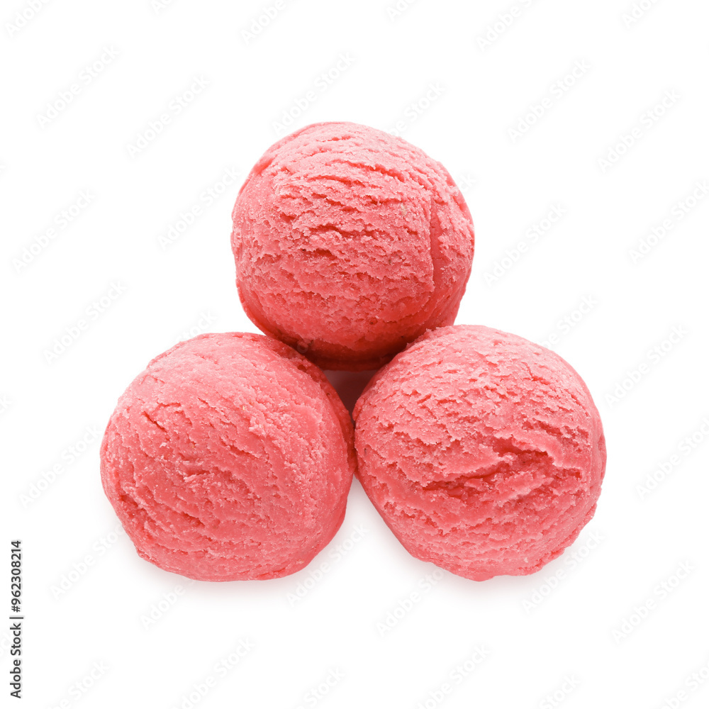 Scoops of tasty watermelon sorbet isolated on white, top view Scoops of tasty watermelon sorbet isolated on white, top view