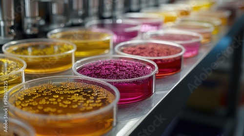 Close-up of petri dishes with bioengineered organisms in a biotechnology research lab Photo realistic