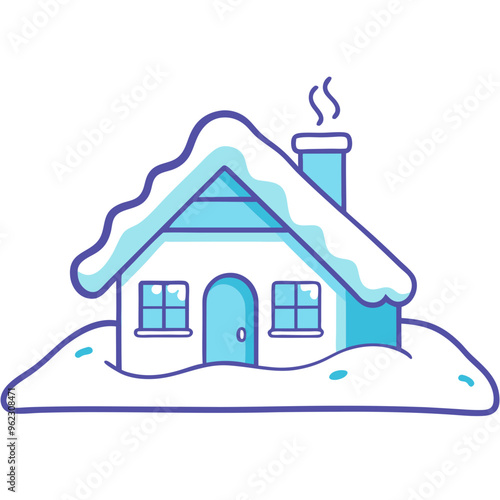 Illustration of a cozy cartoon house covered with snow and smoke coming out of the chimney