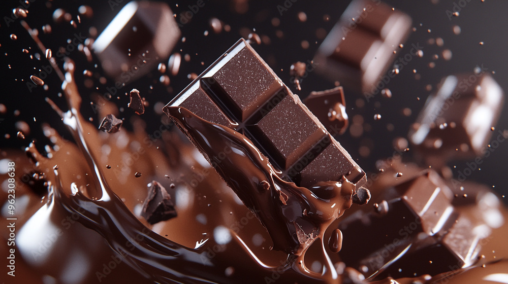 Decadent dark chocolate bars splashing into luscious melted cocoa in a dynamic kitchen setting Decadent dark chocolate bars splashing into luscious melted cocoa in a dynamic kitchen setting