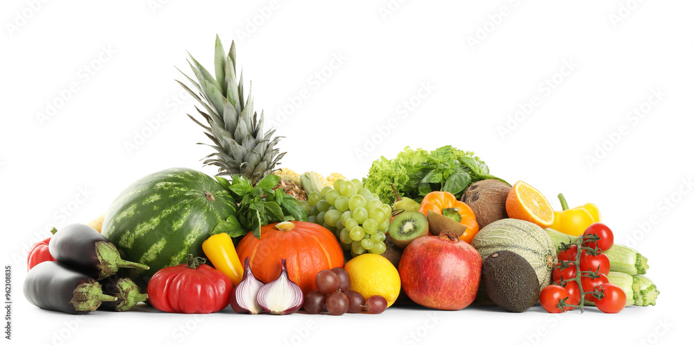 Different fresh fruits and vegetables isolated on white Different fresh fruits and vegetables isolated on white