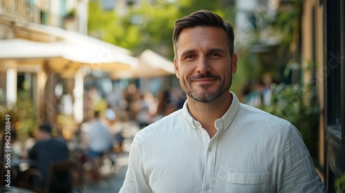 A clean-shaven man in casual clothing, standing outside a street cafÃ© with people and tables in the background