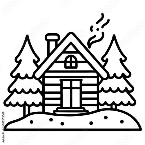 Line drawing of a cabin with smoke coming from the chimney, surrounded by pine trees and snow