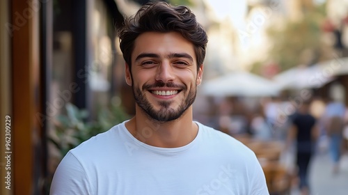 A handsome, clean-shaven man in casual attire, standing outside a street cafÃ©, smiling at the camera with a relaxed expression