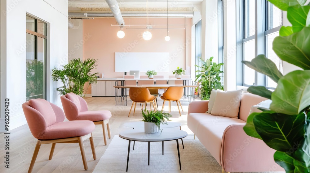 Fototapeta premium Bright, open co-working space with natural light, comfortable seating, and greenery, creating a refreshing work environment