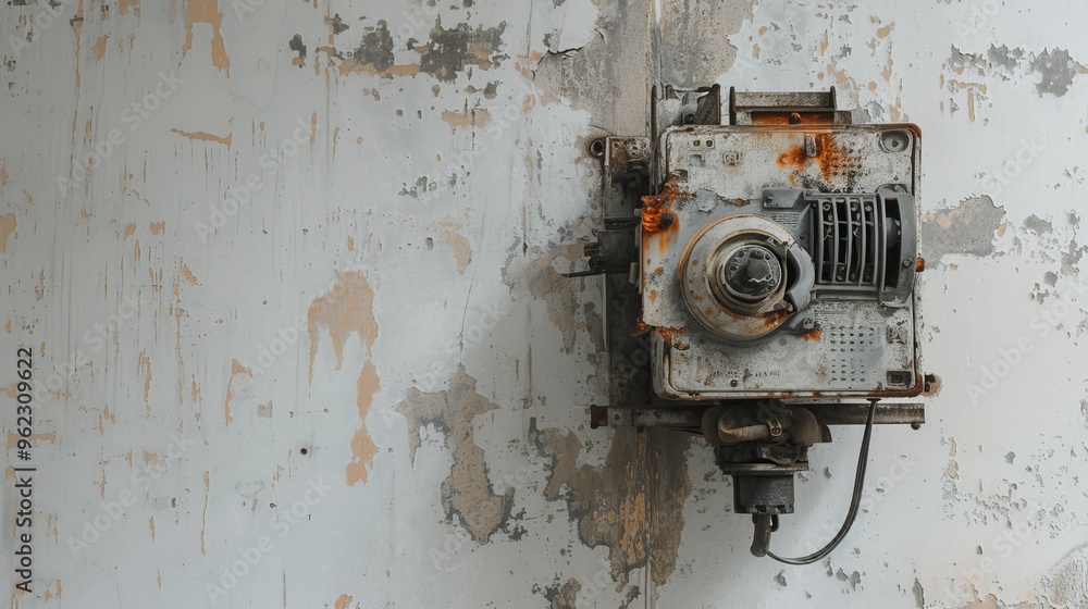 An aging electrical component, rusted and worn, is mounted on a peeling industrial wall. The image captures the essence of industrial decay, with rust and corrosion overtaking the neglected equipment. An aging electrical component, rusted and worn, is mounted on a peeling industrial wall. The image captures the essence of industrial decay, with rust and corrosion overtaking the neglected equipment.